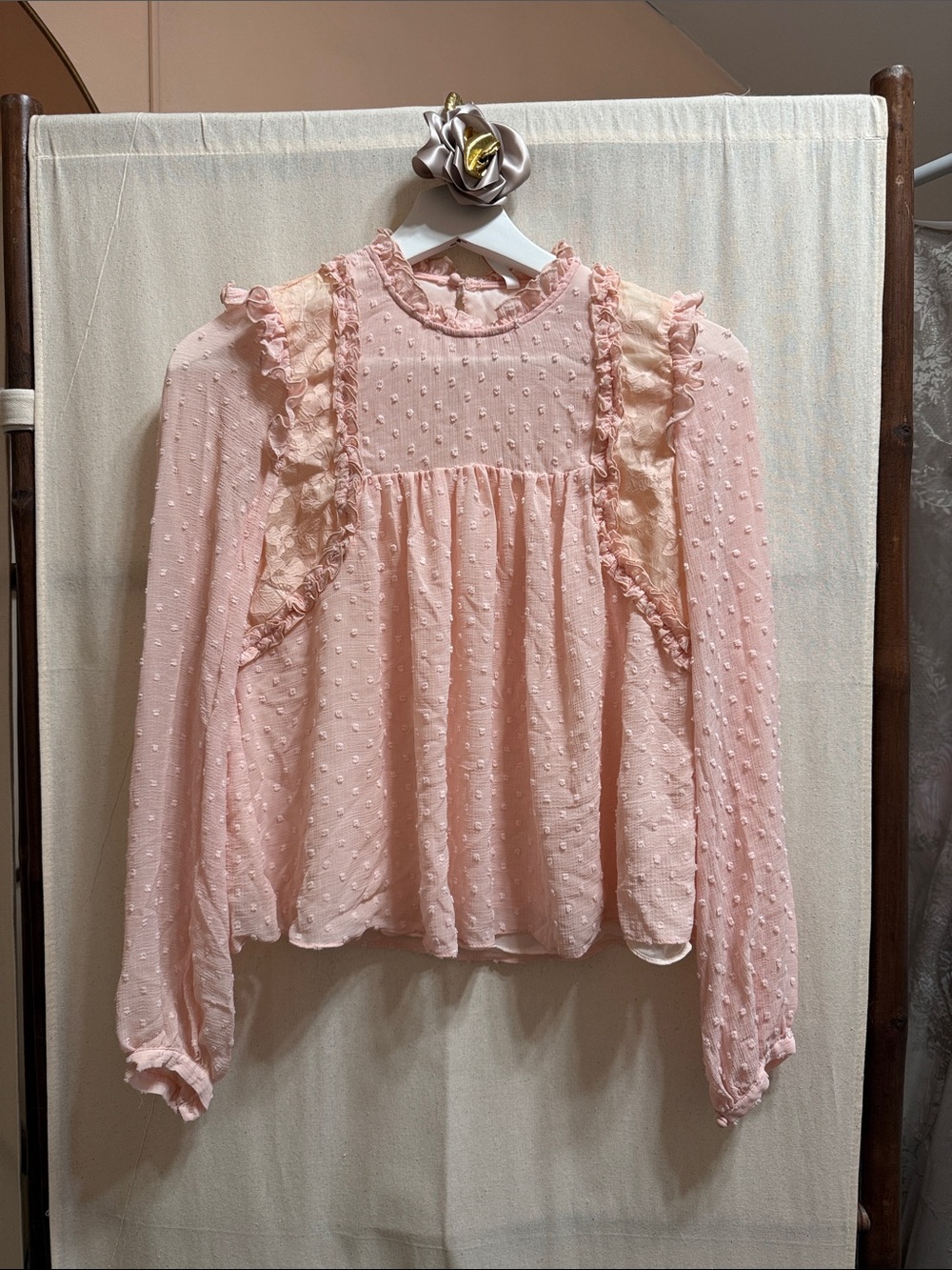 Zara Blush Pink Ruffle Swiss Dot Blouse